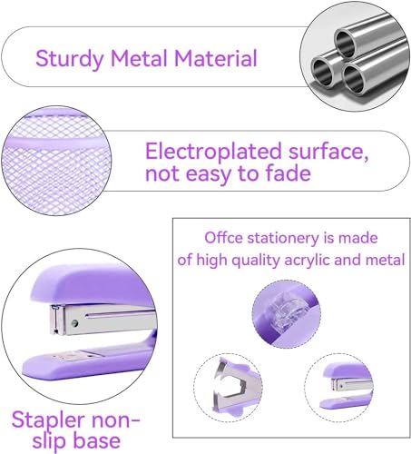 Image of Purple Desk Accessories, Pink Office Supplies Set with Stapler, Tape Dispenser, Staple Remover, Pen Holder, Scissor, Binder /Paper Clips, Ballpoint Pen, Clear Tape and 1000pcs Staples