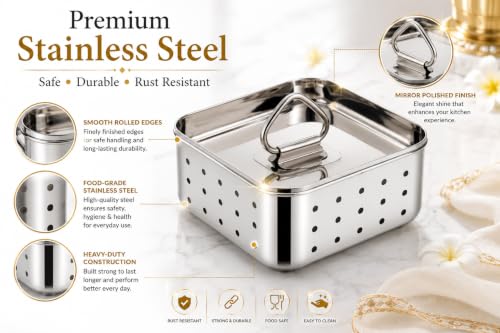 Image of Kanshita's Rasoiware Stainless Steel Paneer Maker Mould, 350ml, Square Paneer & Tofu Press with Lid, Whey Separator, Food Grade Cheese Making Container, 11.7 x 4.5 cm
