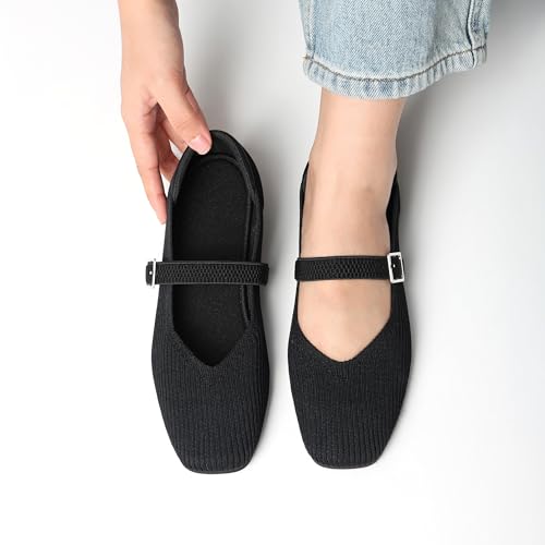 Image of CELNEPHO Flats for Women Mary Jane Shoes Casual Ballet Knit Flats Square Toe with Ankle Strap Dressy Comfortable Office Shoes