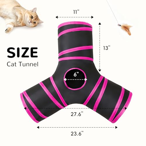 Image of Tempcore Cat Tunnel for Indoor Cats, 3 Way Collapsible Pet Play Tunnel with Teaser Wand, Peek Holes & Hanging Ball, Interactive Tube for Kittens & Rabbits, Black & Rose Red