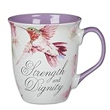 Christian Art Gifts Large Ceramic Inspirational Scripture Coffee & Tea Mug for Women: Strength & Dignity Bible Verse, Colorful Hummingbird Floral, Cute Drinkware, Purple Lavender & Silver, 14 oz.
