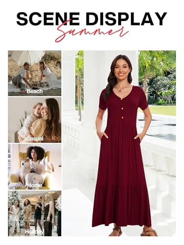 Image of VIISHOW Women's Short Sleeve Maxi Dress 2026 Summer V Neck Knit Loose Plain Empire Waist Casual Dresses with Pockets
