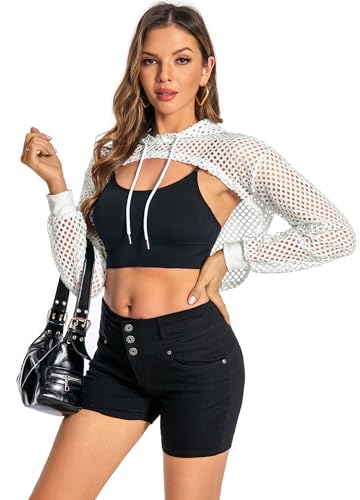 Women Mesh Crop Top Hoodie Fishnet See Through Long Sleeve Shirt Sheer Blouse for Club Party3