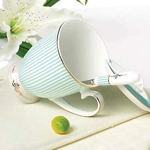 Eplze YBK Tech Euro Style Porcelain Tea Cup Coffee Mug with Lid for Breakfast Home Kitchen ((Stripe Pattern) (Cyan))