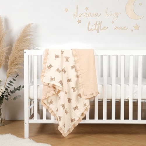 Image of 100% Organic Cotton Muslin Baby Blanket Flounce Edge Large 50 inchx43 inch Teddy Bear, Soft Breathable Toddler Quilt Crib Blankets Gender Neutral for Baby Boys and Girls Bassinet, Bed, Stroller & Snuggling