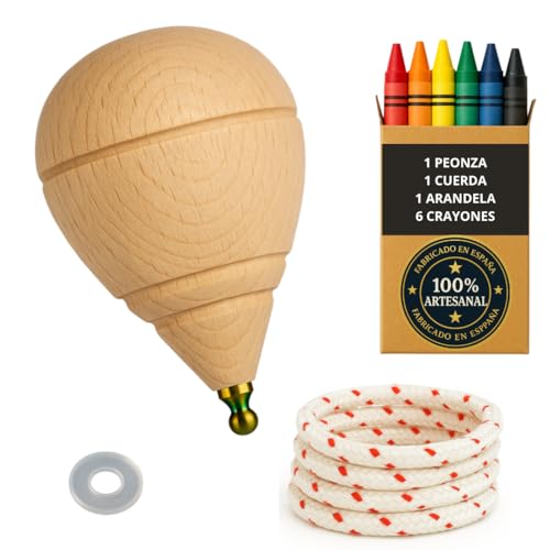 Peonza madeira para crianças pack 1 rompo 6 cera de cores 1 arruela | Feito à mão em Espanha com ponta redonda.