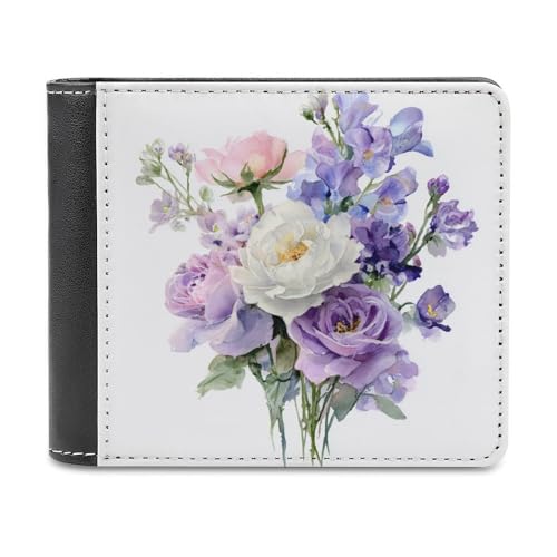 Watercolor Lavender Floral Bouquet Soft PU Leather Bifold Wallet, Coin Purse Credit Pass Case, Durable Card-Holder Slim Billfold for Men Woman Money Storage