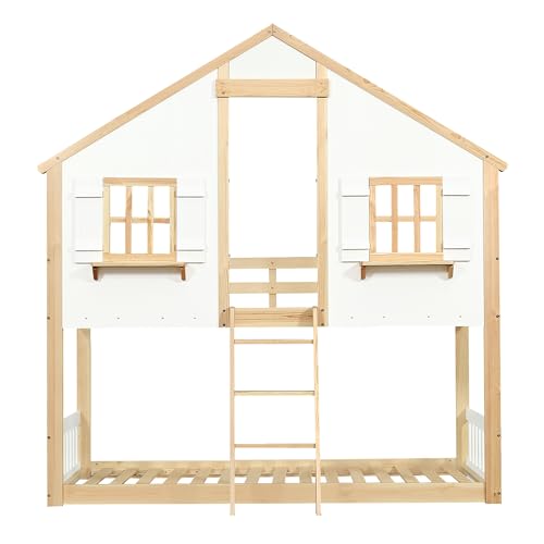 Zravenna Hochbett Hausbett 90x200 mit Schöne Fenster und Dach, Etagenbett für 2 Kinder mit Leiter und Sicherheitsgeländer, Bettrahmen aus Massiver Kiefer (Natur+Weiß-C, 90x200cm)