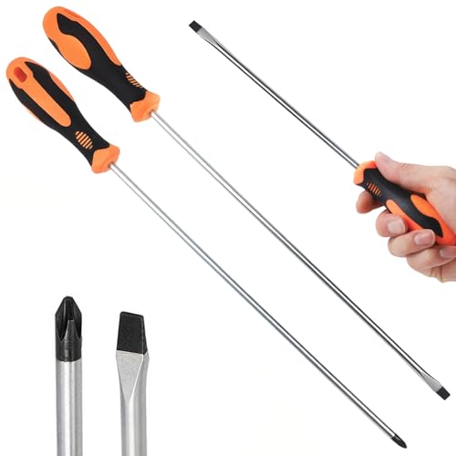 PRITOK Lot de 2 tournevis longs : tournevis cruciforme et tournevis plat, tournevis magnétique en acier au chrome vanadium avec poignées antidérapantes pour...