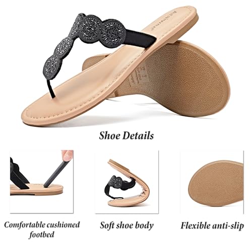 Image of Ataiwee Women's Bohemian Bling Flat Slide Sandals - Casual Summer Thong Sandals with Rhinestone Decor, Rubber Sole, Lightweight & Comfortable for Casual Attire Strappy Sandals.