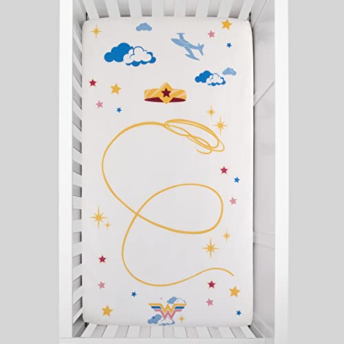 Warner Brothers Wonder Woman White and Gold Star-Tiara, Lasso of Truth, and The Invisible Jet Photo Op Nursery Fitted Crib Sheet