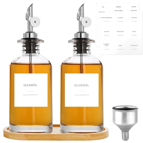 Otauoaea Botellas de Vinagre y Aceitera - 2Pcs Botella Cristal de Aceite de oliva - Dispensador de Aceite de Cristal de 350 ml con etiquetas y embudo, Bandeja de Bambú - Plata
