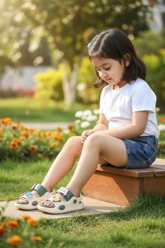 Image of Kids Cartoon Character Sandals,CLOGS White and Green, Chunky Sole, Open Toe, Fun Charm Embellishments