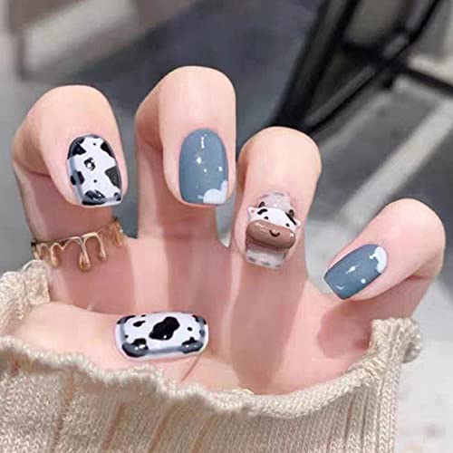 Imsohot Glossy Press On Nails Short Square Fake Nails With Design Squoval 3D Cow Print Nails Full Cover Cute False Nails With Glue For Women And Girls #TOP1