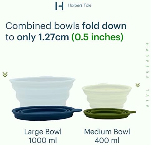 Harpers Tale Collapsible Travel Dog Bowls, Medium & Large Bowls 400ml 1000ml Two Pack, Integrated Molding, No Plastic Rim, Food Safe Silicone, Sturdy Carabiner Clip, Lightweight & Leak-Proof, BPA-Free (Two Pack - M & L)