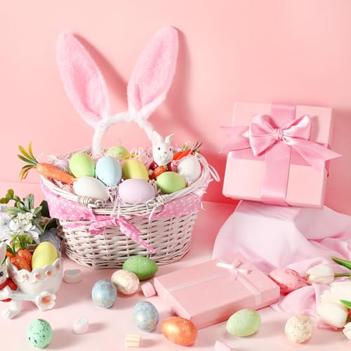 Image of SiliFine Easter Bunny Gift Basket Set Include Wicker Basket with Liner Gingham, Easter Bunny Headband, Easter Eggs, Raffia Paper Grass, Easter Gift for Party Favor Decoration(Pink)