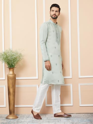 Image of See Designs Men's Long Sleeve Mandarin Collar Side Slit Off-White Embroidered Chanderi Silk Straight Kurta