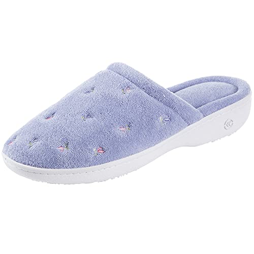 isotoner Women's Signature Terry Floral Embroidered Clog Slipper, Periwinkle, 7.5-8