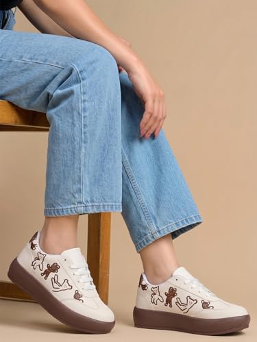 Image of TRYME Women's Stylish Platform Sneakers | Cute Teddy Bear Lace-Up Shoes Trendy Casual Footwear