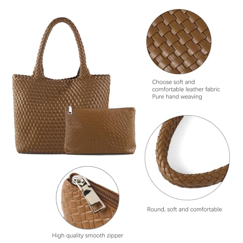 Image of Hand Woven Bag Tote BagS For Women Top Handle Shoulder Vegan Leather Large Travel Beach Hobo Handbag