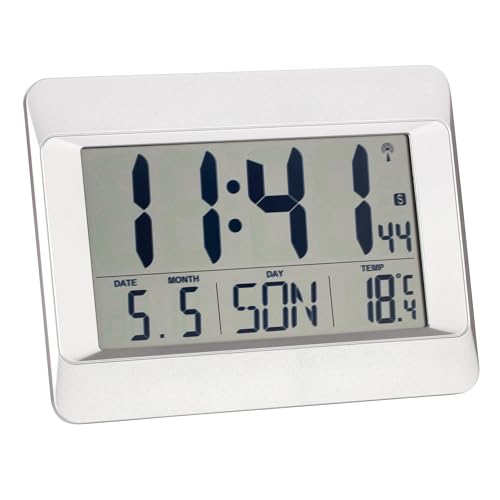 TFA Dostmann Orologio da parete digitale, 60.4519, orologio radio con temperatura interna, giorno della settimana (8 lingue), data, impostazione del fuso orario, plastica, (L) 215 x (L) 160 x (H) 26