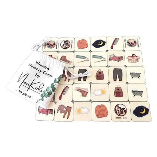 NoriKids Memory Spiel aus Holz | Kinder Lernspiel fördert die Konzentration | Memory ab 2 Jahre | Gedächtnisspiel mit 15 Motiven & runden Ecken | Montessori Spielzeug