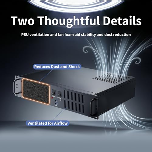 Gabinete para servidor rackmount de 2U, compatible con Micro-ATX y Mini-ITX, 4 ranuras PCIe y refrigeración por aire, soporta 2 discos duros de 3.5" y 1 SSD de 2.5", fuente ATX, puertos USB y flujo de aire eficiente, ideal para racks de servidores y centr miniatura 5