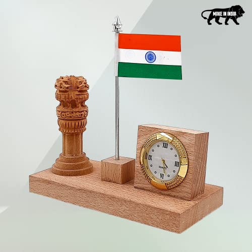 Image of Wood House Woodhouse Flag Stand For Office Table, Wooden Flag Stand With Ashoka Pillar & Clock, Wooden Flag Stand With Clock For Office Table Stylish, Office Flag Stand (Wh-54)