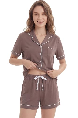 Image of LUBOT 100% Cotton Pajamas for Women 2 Piece PJ Set Button-Down Soft Knit Short Sleeve Summer Sleepwear Loungewear XS-XXL