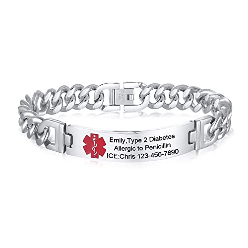Vnox Men's Medical Alert Id Bracelet Tag Stainless Steel Link Chain Wrist (Free Engraving),8 Inches #TOP23