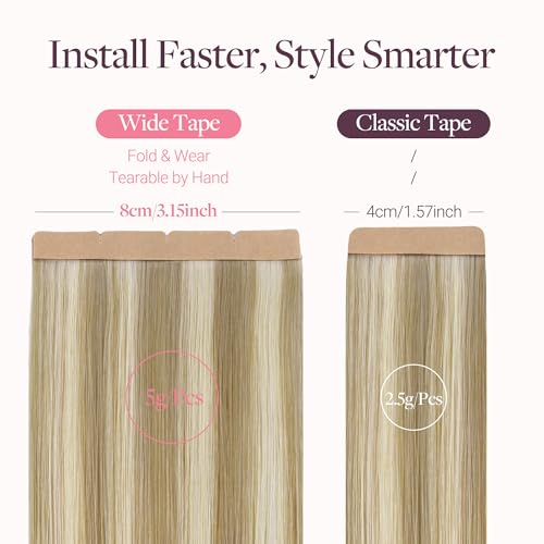 Image of GOO GOO Tape In Weft Hair Extensions Human Hair, 16 /22 Light Blonde Highlighted Golden Blonde, 8cm Wide Tape, 16inch 10pcs 50g, Tape Weft Hair Extensions, Seamless Tape in