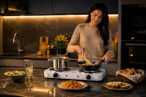 Image of Electric Double & Single Burner Hot Plate Portable Cooktop with Dual Adjustable Temperature Control | Electric Stove for Home, Hostel, Office, Travel, Dorm, Camping & Emergency Cooking (2000W)
