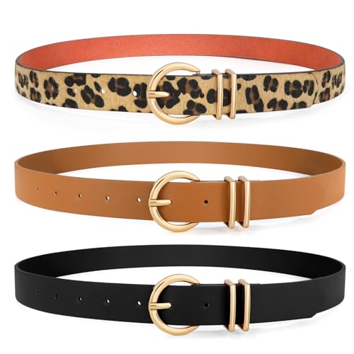 VONMELLI 3 Pack Women's Leather Belts for Jeans Dresses Ladies Waist Belt with Fashion Gold Buckle