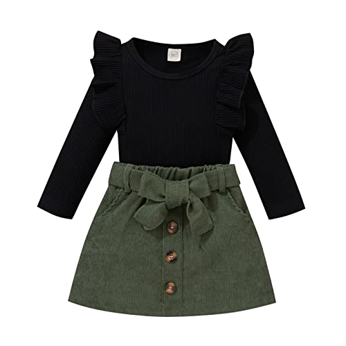 Image of fhutpw Baby Toddler Girl Outfits Fall Winter Clothes Turtleneck Knitted Cotton Long Sleeves Tops & Button Mini Skirts Set