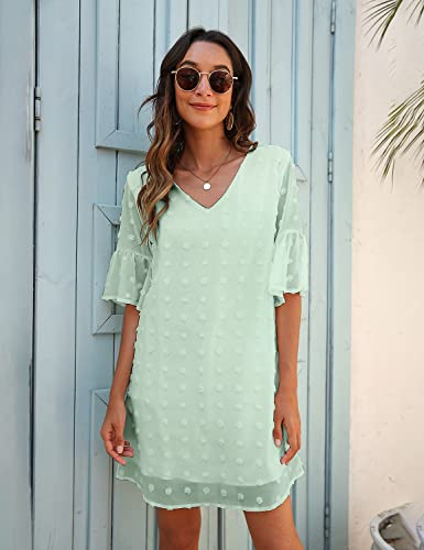 Image of Blooming Jelly Womens White Dresses Short Sleeve V Neck Ruffle Cute Sun Dress Chiffon Flowy Shift Mini Dress