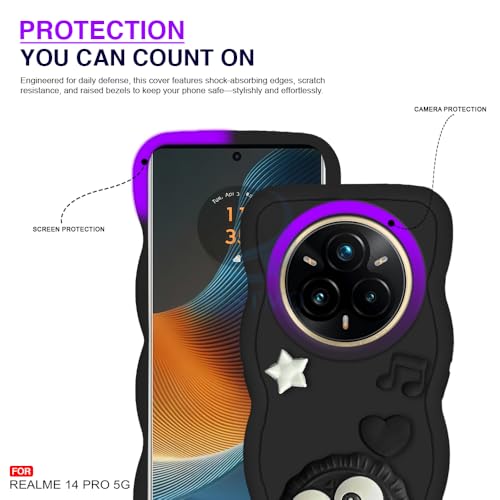 Image of AESTMO Back Case Cover for Realme 14 Pro 5G | 3D Cute Fun Cartoon Characters | Anti Slip Grip Cute Wave Curly Frame Shape | Back Cover for Realme 14 Pro 5G | (Black)