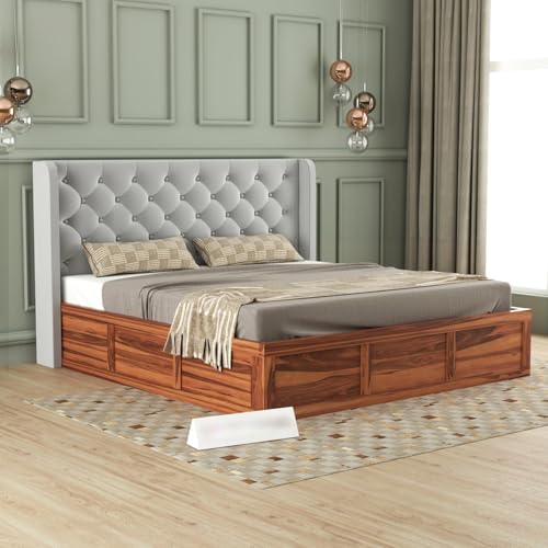 Image of Solid Sheesham Wood Queen Size Bed with Storage | Wooden Double Bed Cot Bed with Box Storage & Velvet Upholstered Cushioned Headboard for Bedroom (Honey D, Queen)
