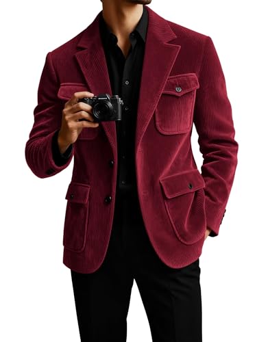 XDIELAN Wine Red Blazer Jackets Suits for Men Vintage Corduroy