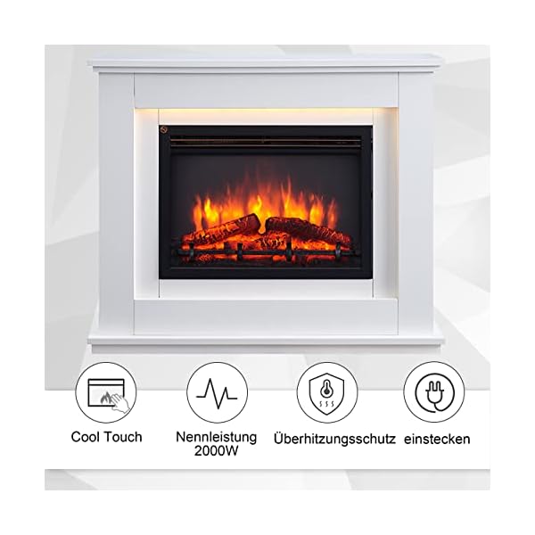 RICHEN Elektrokamin Baldur | Elektrischer Standkamin mit 3D-Flammeneffekt | Elektro Heizung 2000W, LED-Beleuchtung | Kamin mit Fernbedienung, Timer & Thermostat | Weiß – Bild 8
