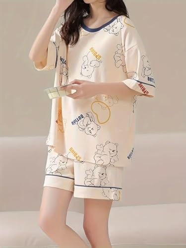 Image of Louis Luxe Womens Korean Night Dress || Short Pyjama Set || Korean Nightsuit || Women Nightwear ||Round Neck Short Sleeve Nightsuit || Loungewear || Everyday Nightdress (ND-01)