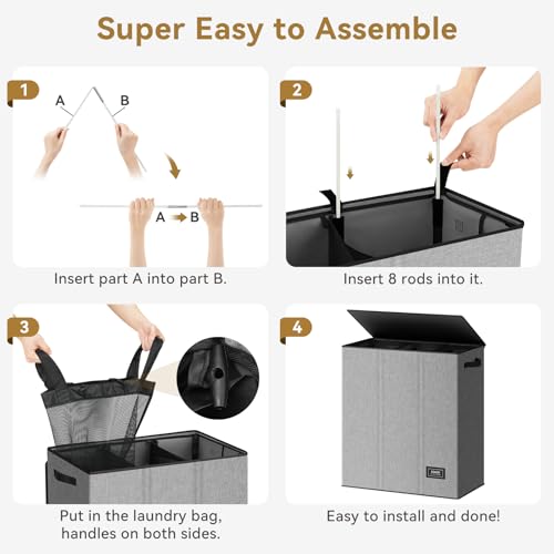 SOLEDI Laundry Basket 3 Section 160L Laundry Hamper with Lid Clothes Hamper Collapsible Washing Basket Bag, Foldable Washing Bin for Bedroom, Laundry room, Livingroom (Grey)