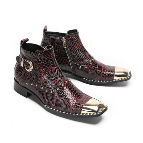Santimon Men’s Dress Casual Ankle Chelsea Boots - Genuine Leather Snakeskin Texture Western Cowboy Boots with Metal Square Toe & Beads for Wedding, Party & Night Out4