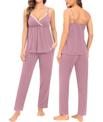 Image of SWOMOG Maternity Nursing Robe Set 3 Piece Breastfeeding Pajamas 3 in 1 Labor Delivery Sleevless Tops&Long Pants Pregnancy Pjs
