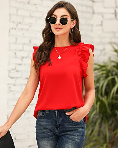 Bwogeeya Womens Summer Elegant Shirt Ruffle Armhole Solid Top Cap Sleeve Crew Neck T-Shirt Blouse Red #TOP1
