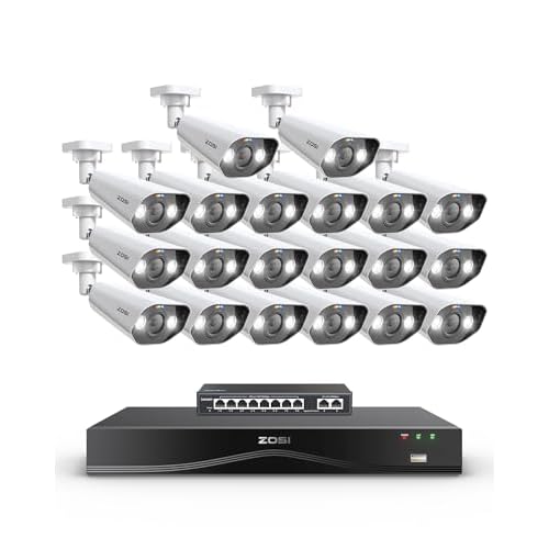 ZOSI 4K 20pcs Kit Cámaras de Vigilancia PoE con 8 Puertos Gigabit PoE Switch, 16CH Grabador NVR Sistema Ampliable a 32CH, Alarma de Persona/Vehículo