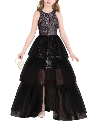Girls Dresses Size 10-12 Pageant Formal Sequin Halter Dance Dress for Flower Birthday Party Princess Wedding Black
