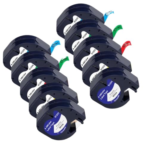 IFNSBUAYW Compatible With 5PK 10PK 91201 White Label Tape Plastic 91221 91331 91202 12mm LT Tape For LT-100H LT100H Label Maker Universal Fit Aftermarket Replacement(10PK 5Mixed Colors)