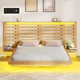 Albott Queen Floating Bed Frame with Extended Headboard & Storage Shelf Nightstands, Farmhouse Bed with LED Lights and Charging Station, No Box Spring Needed, Natural Oak