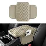 Amiss Car Center Console Cover, Leather Car Armrest Cushion with 2 Storage Pockets, Universal Waterproof Cushion Pad, Non-Slip Car Interior Accessories, Fits Most Sedans SUVs Trucks (Light Beige)