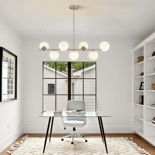 Image of KCO Lighting 7-Light Linear Sputnik Chandelier Brushed Nickel Pendant Light | 31.5 inch Rod for Sloped Ceiling, 12W 3000K E26 Bulb Included, MCM White Milk Glass Light Fixture for Kitchen Island Dining Room